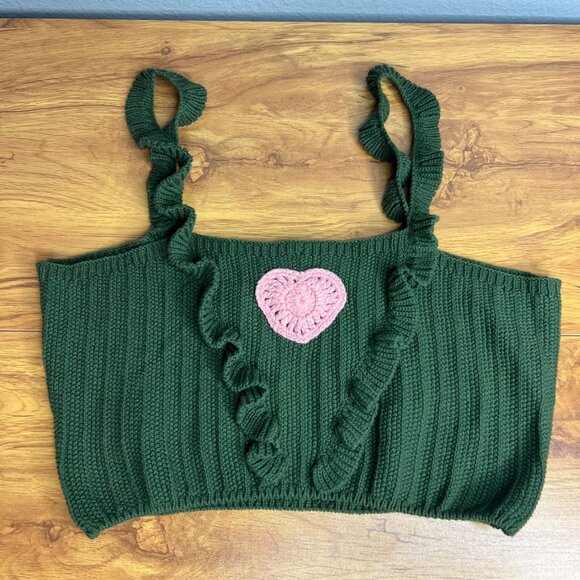 Cider Crop Sweater Tank Knit Size L Green Pink Heart NWT - Picture 3 of 6